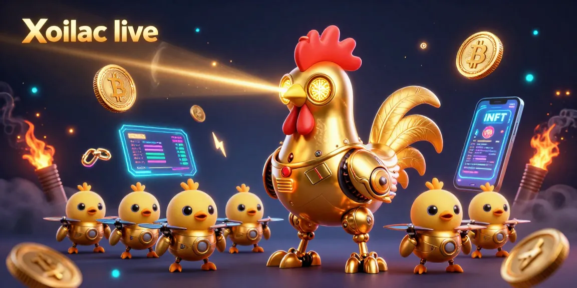 Xoilac live showcases a lively casino scene with a golden rooster robot and crypto elements.