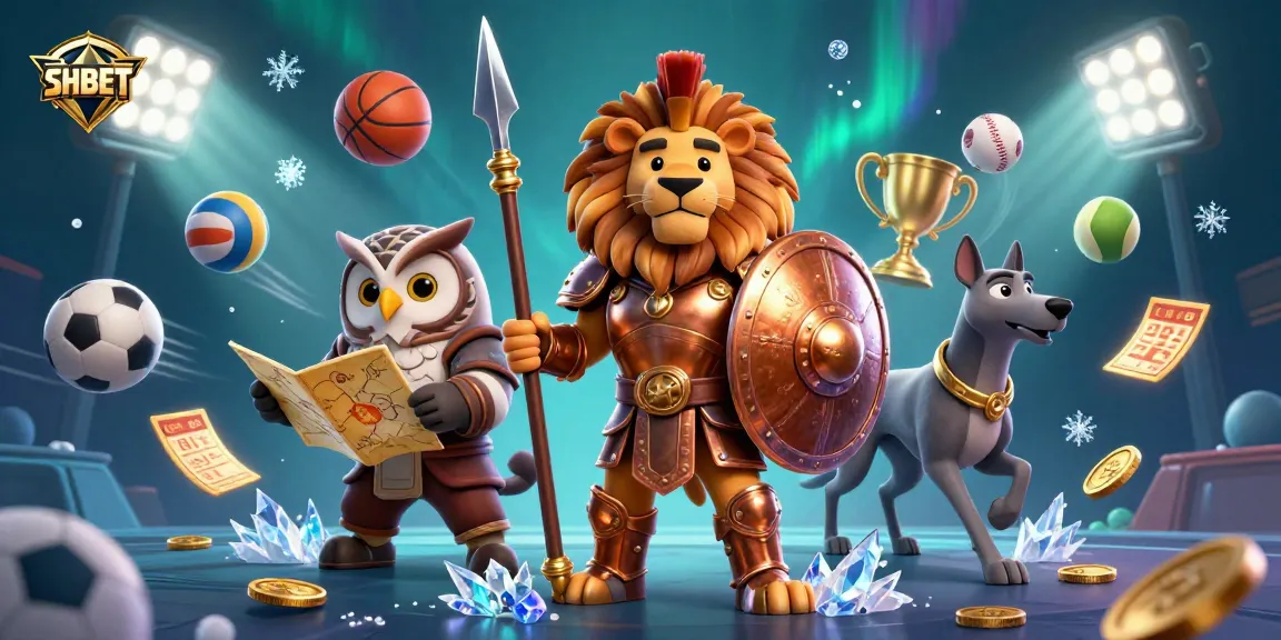 Engage with SHBET's thrilling 3D casino adventure featuring a Spartan lion and tactical owl strategizing around dynamic sports betting elements.