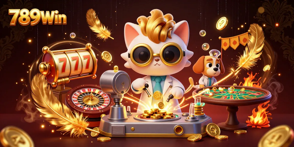 Engage in thrilling gameplay at 789Win with vibrant 3D scenes showcasing exciting casino action, slot reels and gold coins.