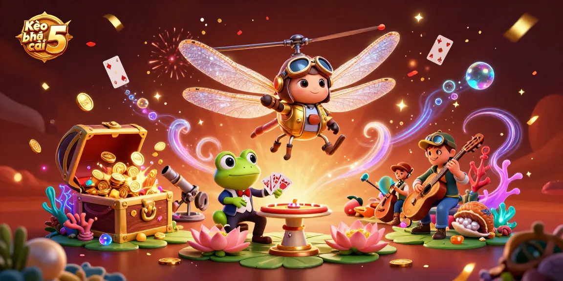 Kèo nhà cái 5 showcases a lively casino scene with vibrant characters, rich elements, and dynamic action.